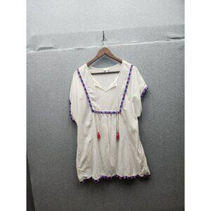 J.Crew White Beach Tunic Top With Colorful Fringe Trim & Tassel‎ Ties L